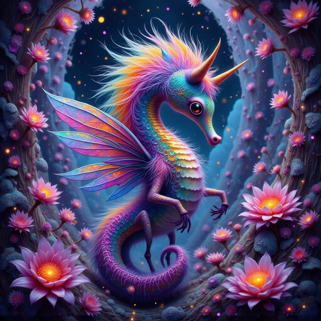 Rainbow Seahorse with Wings in Crystal Cave