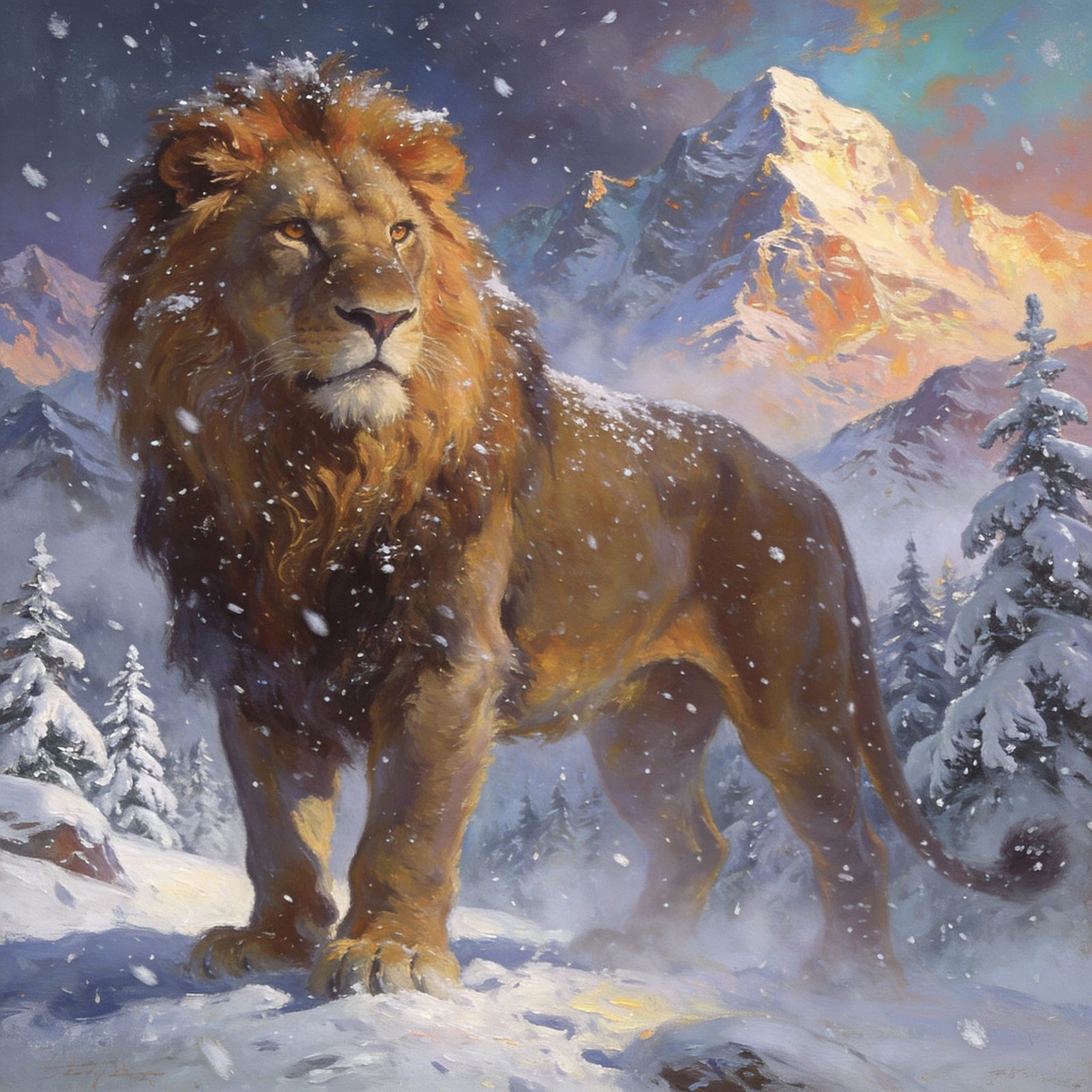 Aslan Stands Proudly in Snowy Narnia Landscape