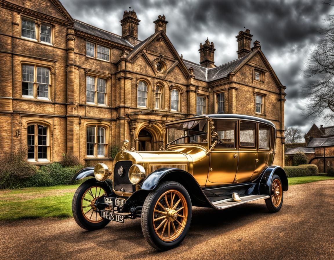 Victorian Workhouse with Gold Car in Hyperrealistic Style