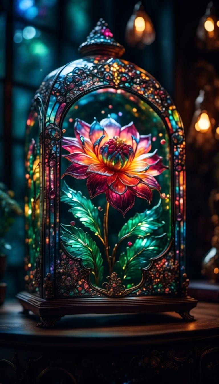 Stained Glass Dahlia on Wood Chest
