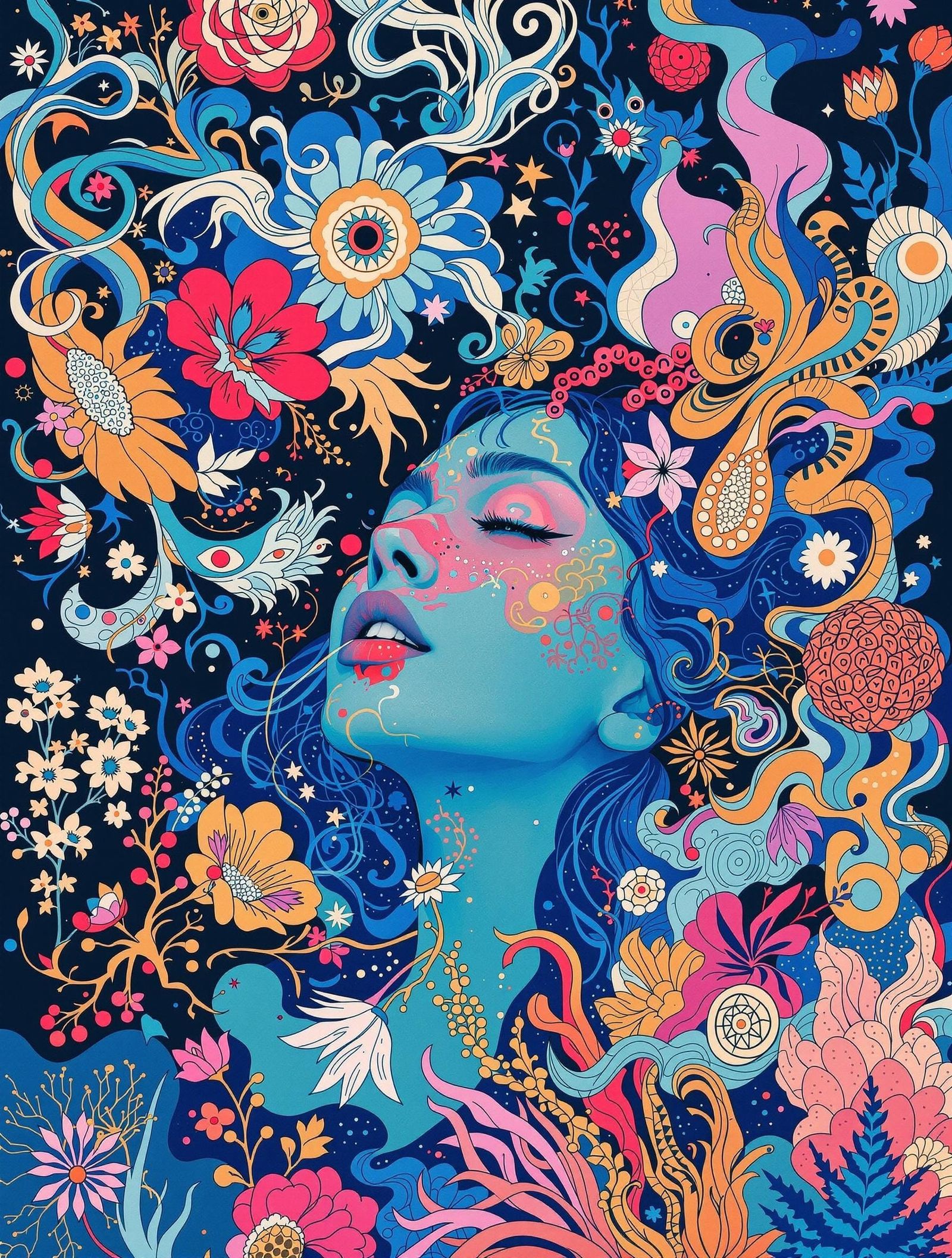 Dreamlike Portrait in Vibrant Cyan, Fine Art Graphic Design ...