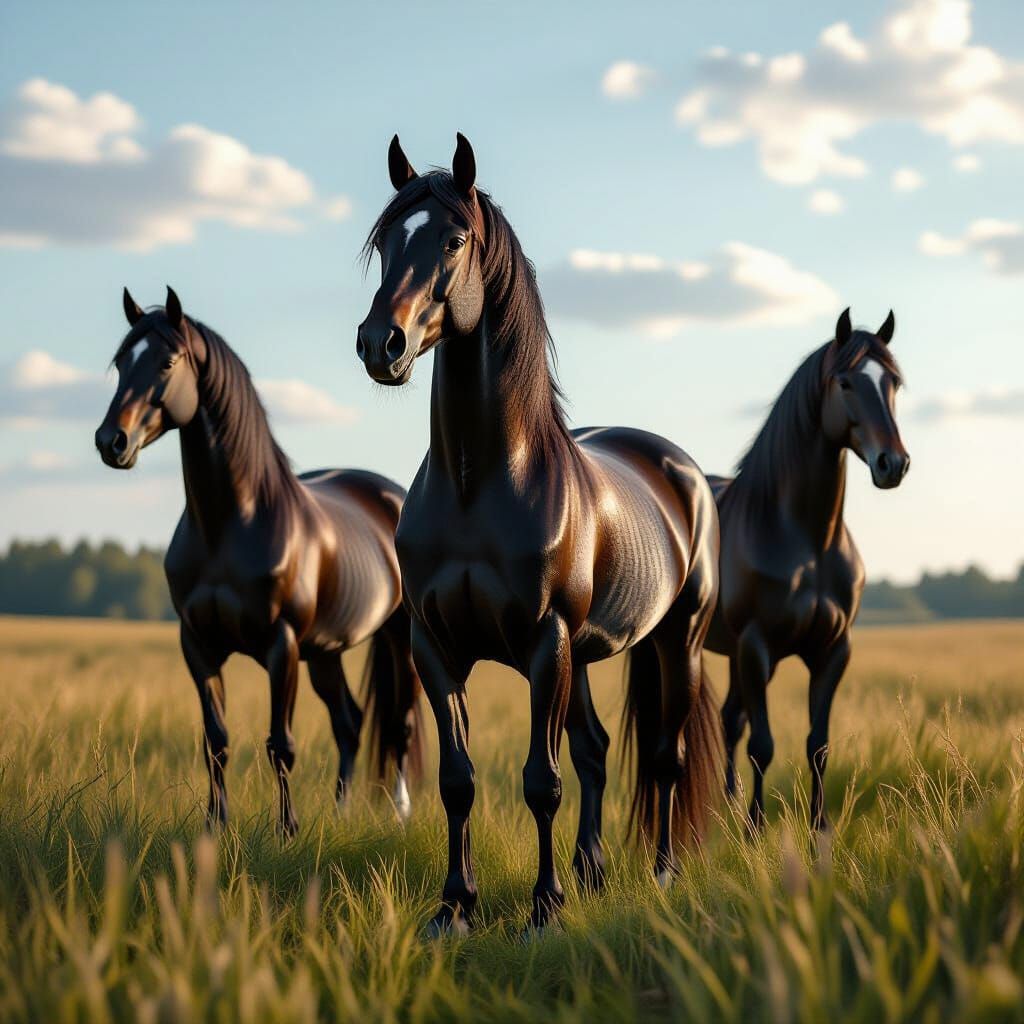 Majestic Black Balkan Horses in Sunlight