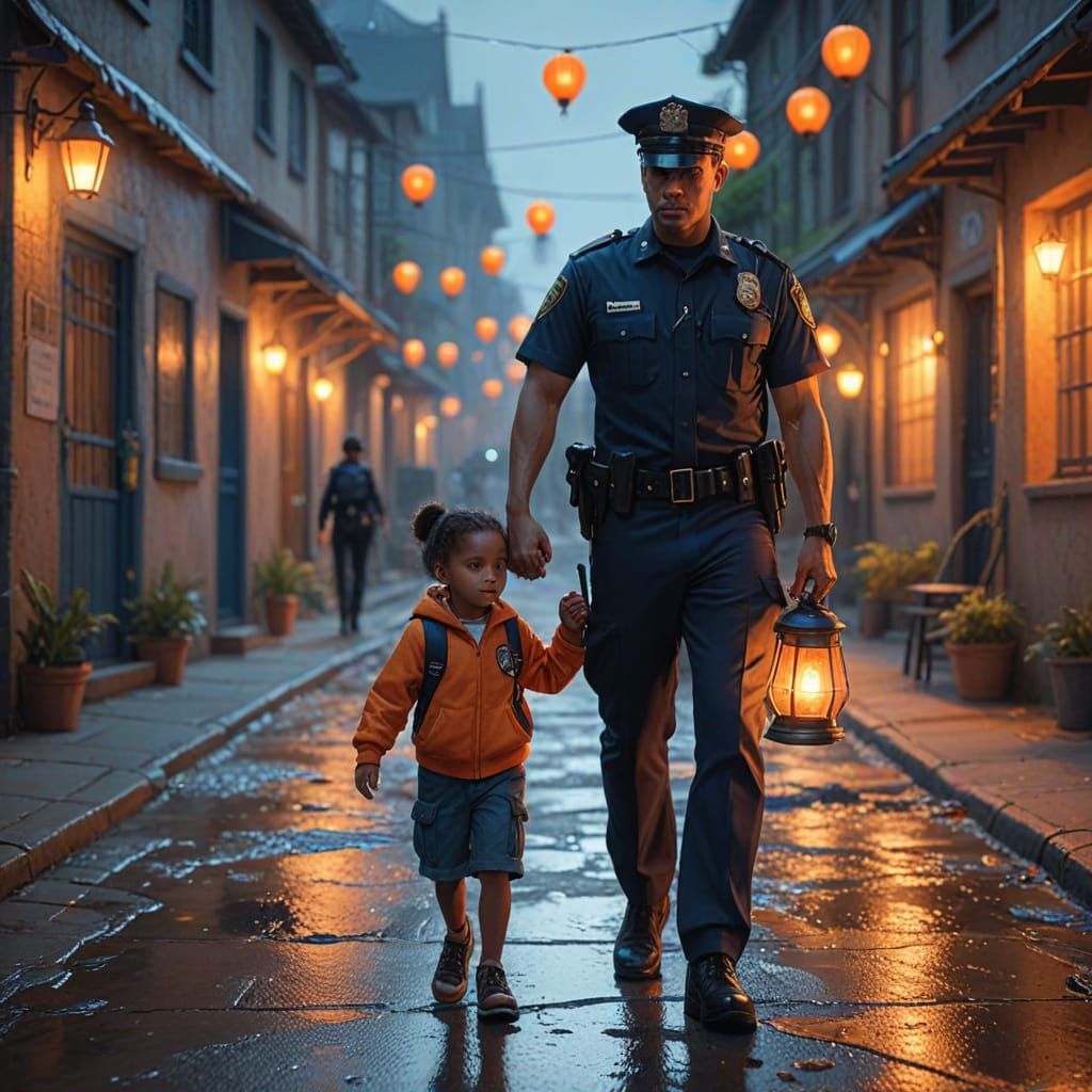 Police Officer Guides Lost Child: Fantasy Oil Painting