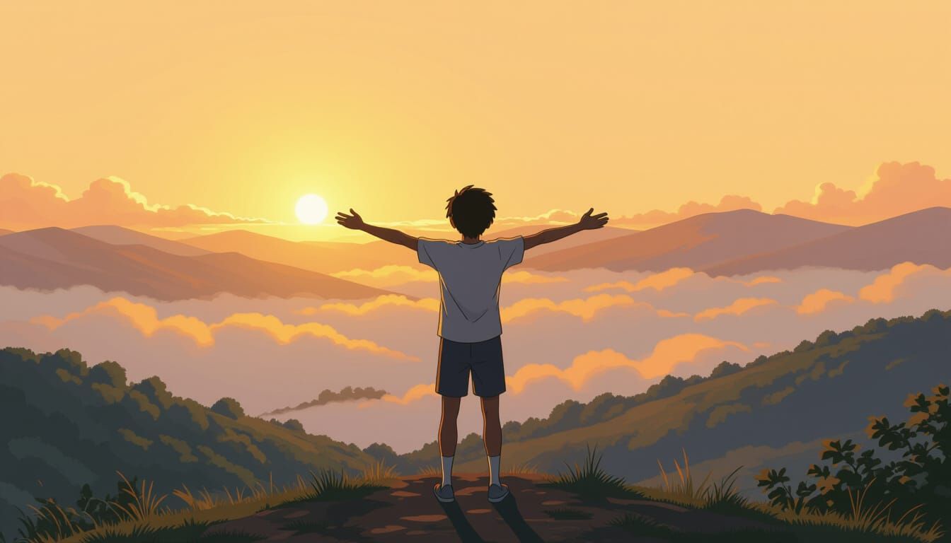 Teenage Boy Embraces Sunrise on Hilltop in Anime Style