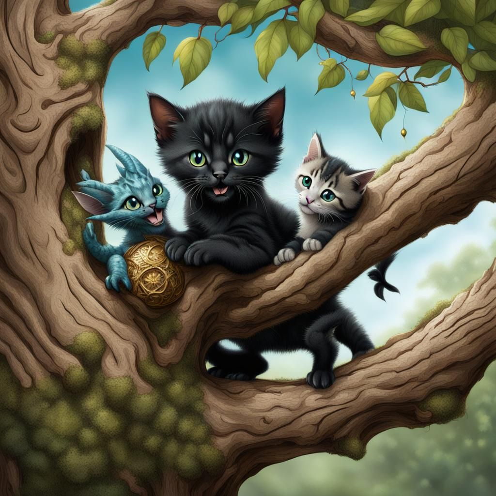 Kittens and Dragon Playing in a Tree