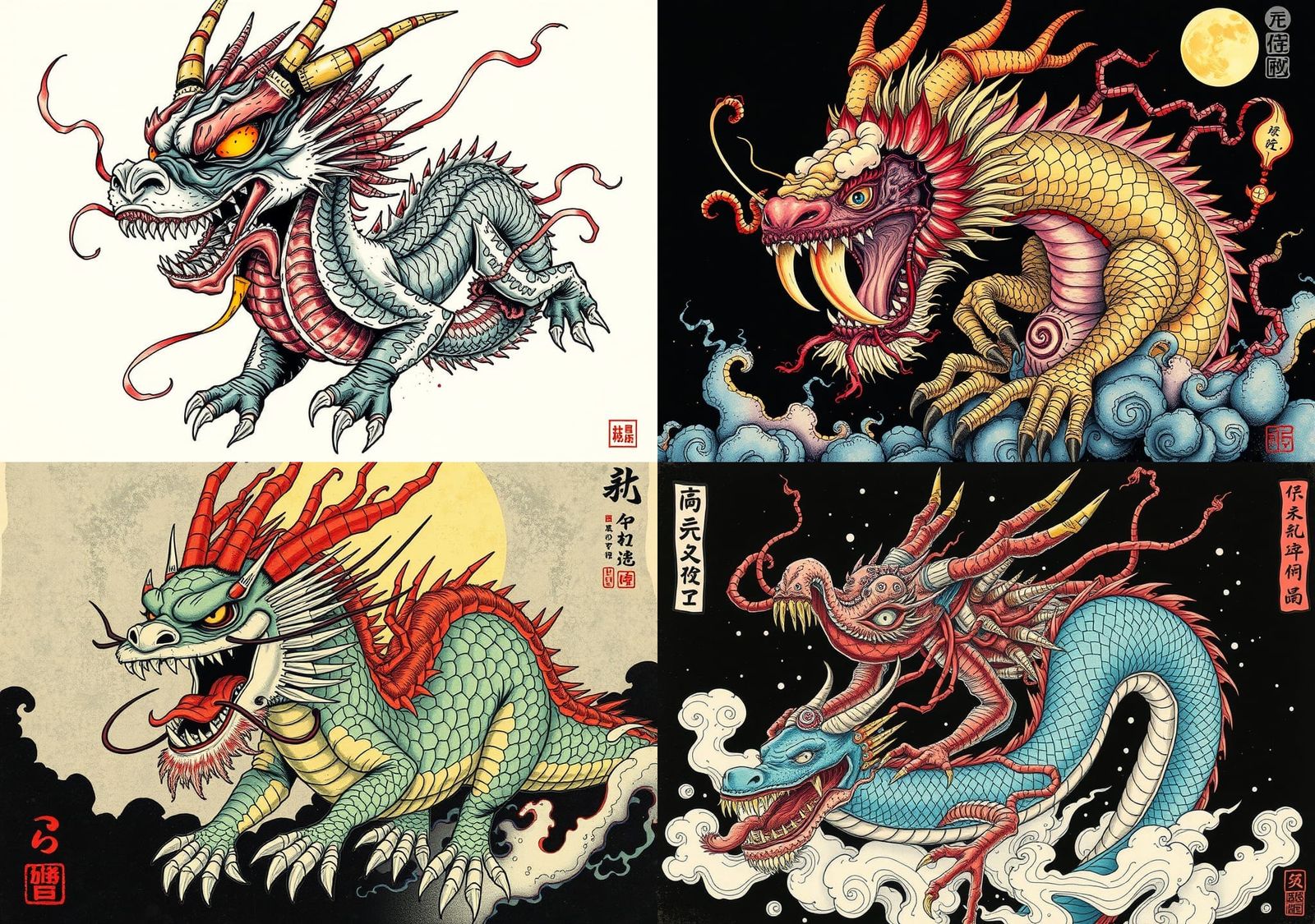 Japanese Horror Dragon in Chinese Ink Painting Style