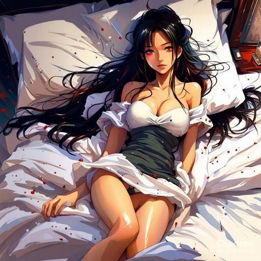 Beautiful Asian Woman in Bed: Ink Splash Art