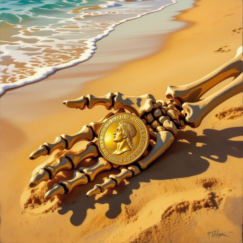 Gold Doubloon in Skeleton Hand on Tropical Beach