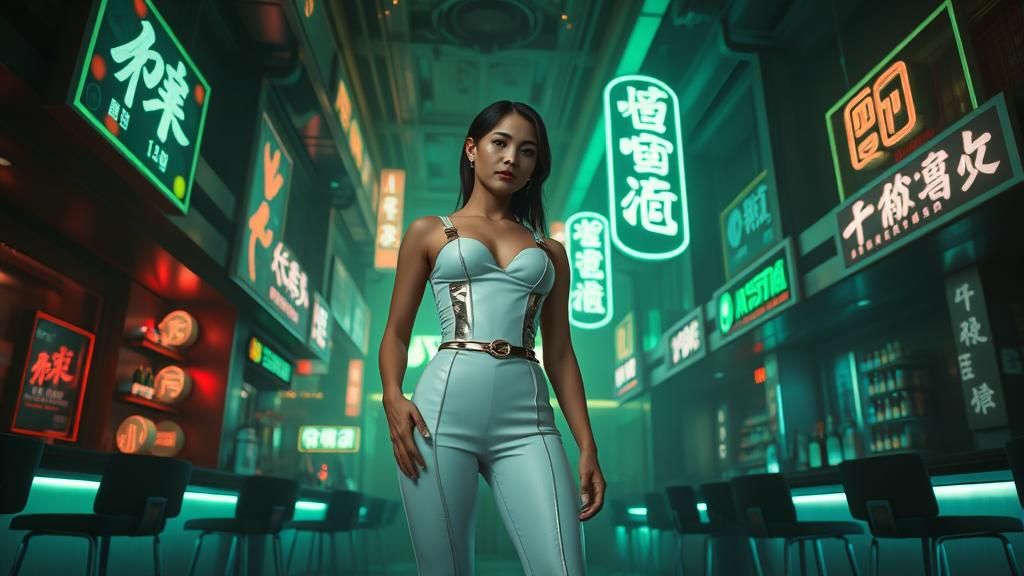 Chinapunk Woman in Neon Bar: Hyper-Realistic 4K
