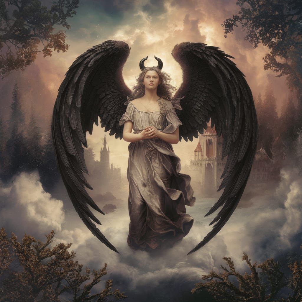 Ethereal Angel with Black Wings, Luminist Style