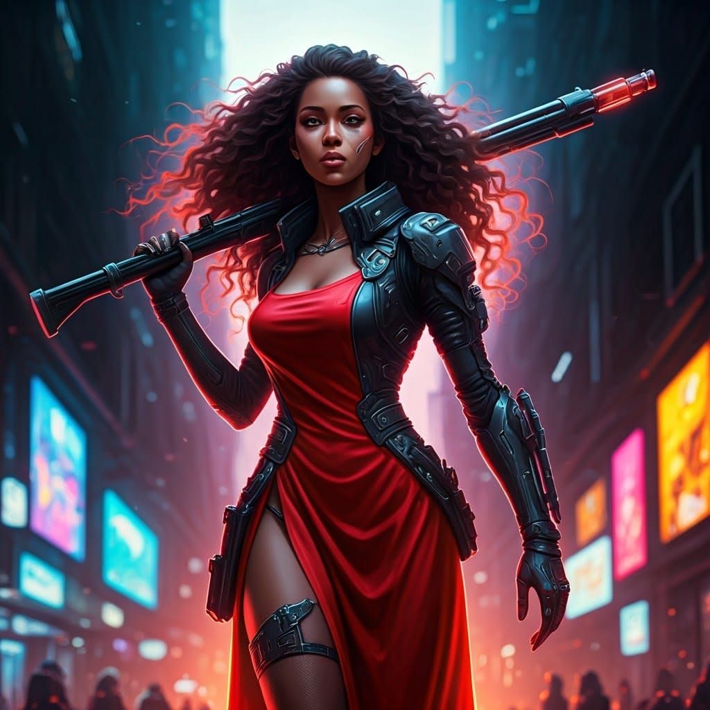 Cyberpunk Mercenary in Neon Cityscape