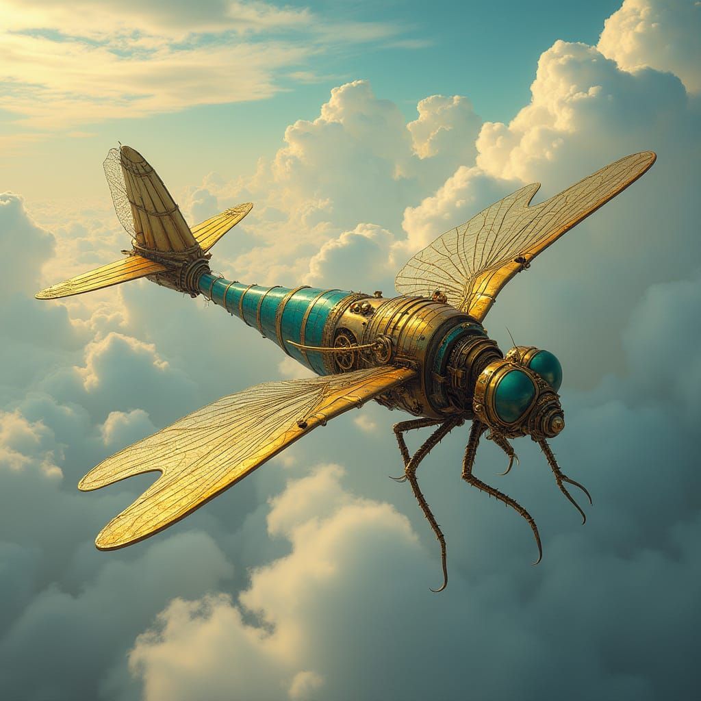 Steampunk Dragonfly Airship Soaring Through Clouds