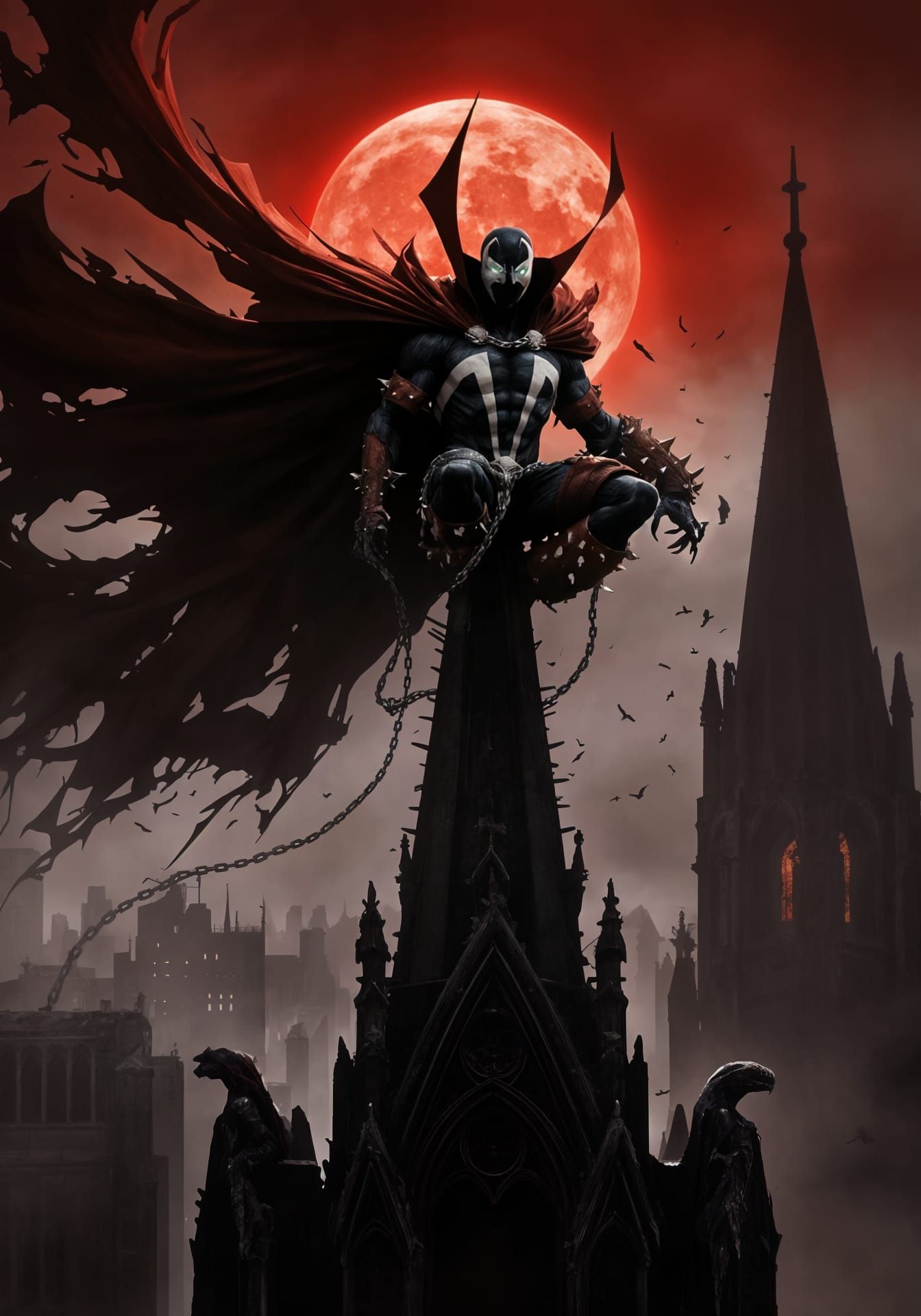 Spawn on Gothic Cathedral Spire Under Red Moon