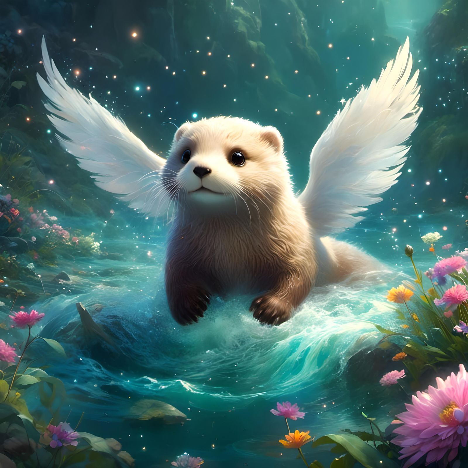 Angelic Otter with White Wings in River Scene
