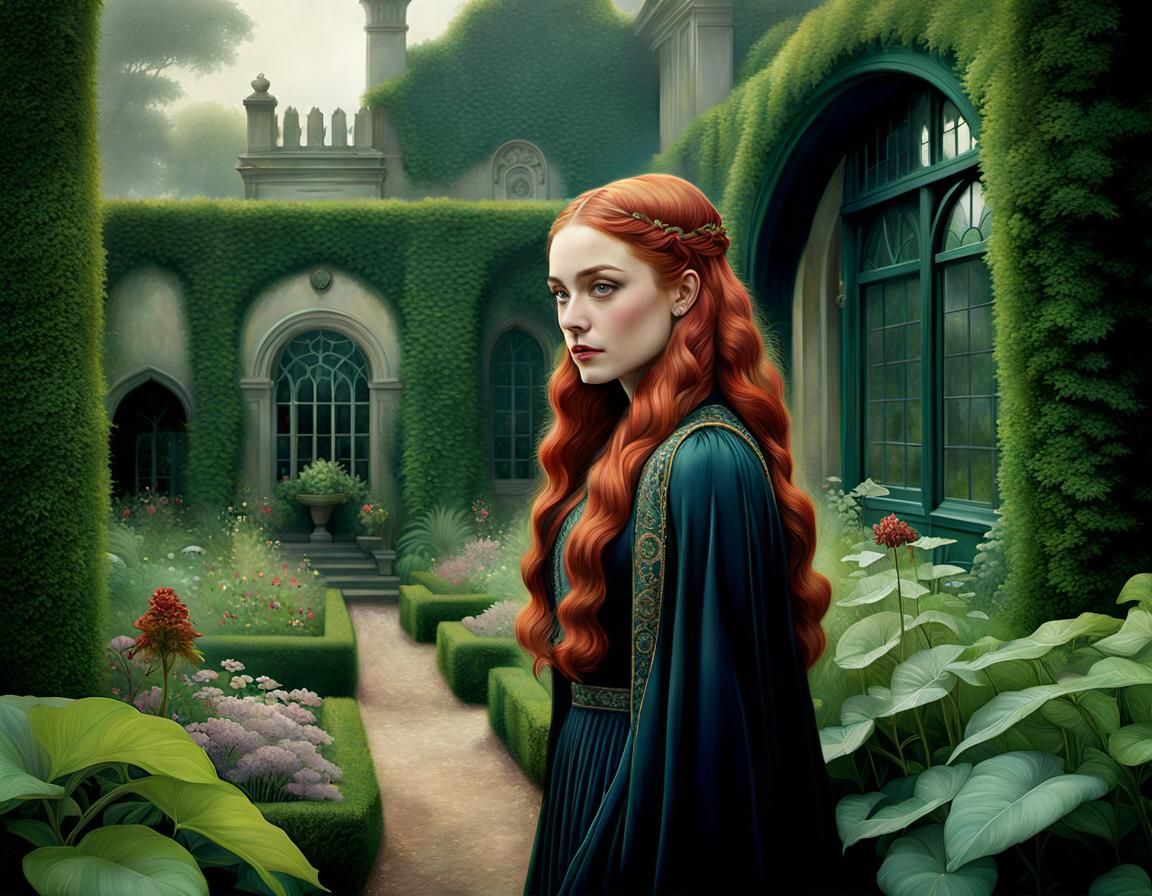 Lush Garden Portrait in Art Nouveau Style