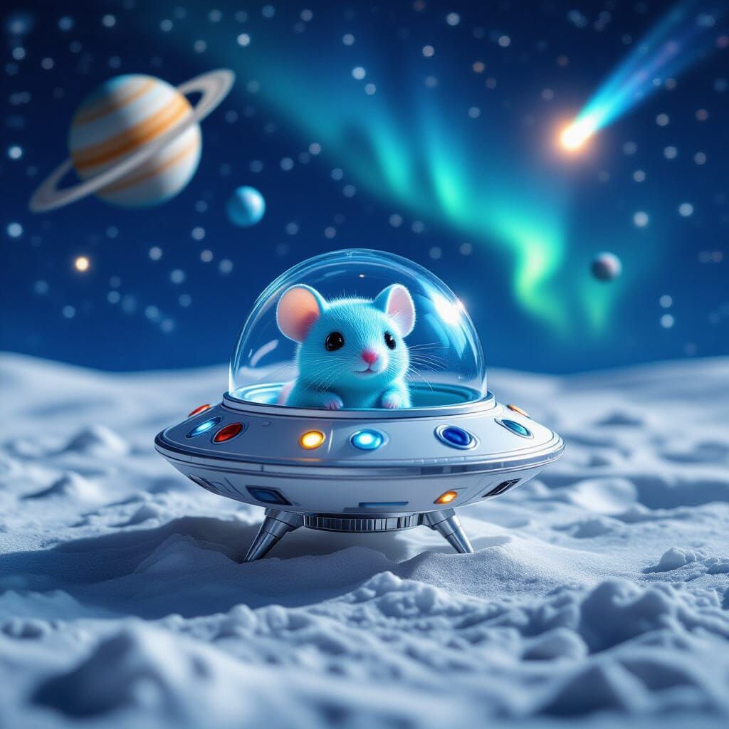 Miniature Alien Spaceship with Aqua Mouse on Moon Surface