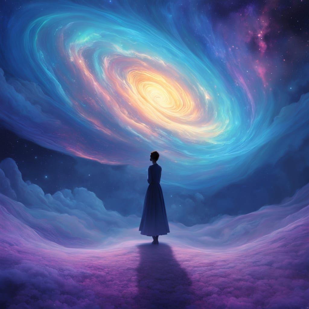 Surreal Cosmic Figure Reaching for Nebulae