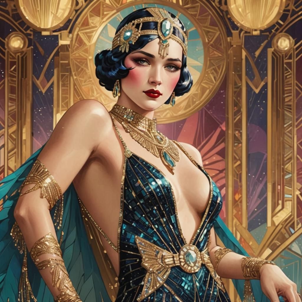 Glamorous Art Deco Flapper in Comic Book Style