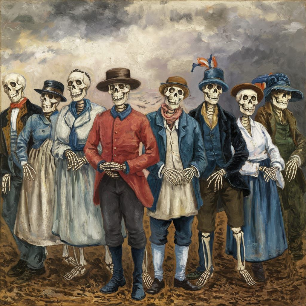 Skeletal Figures in Mourning attire Gather at a Muddy Gravey...