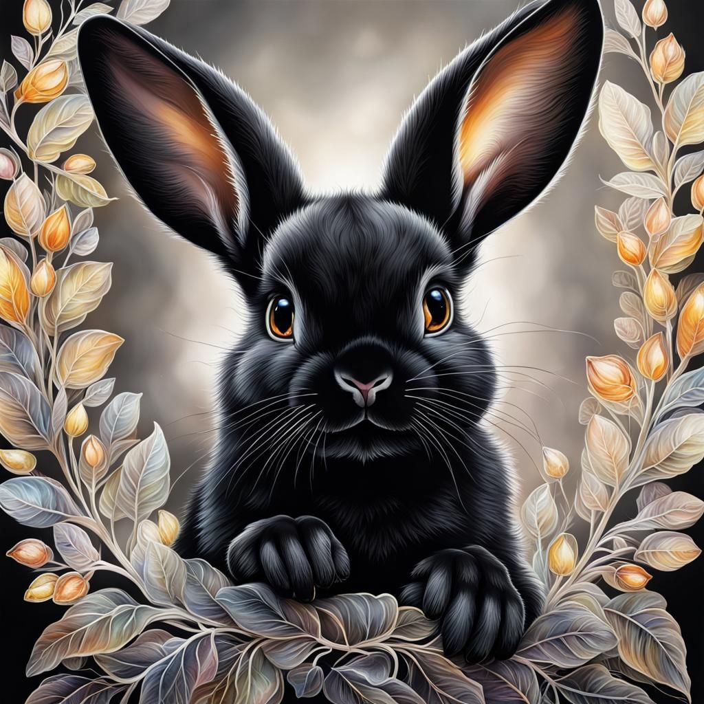 Cute Black Bunny Portrait in Glass Painting Style