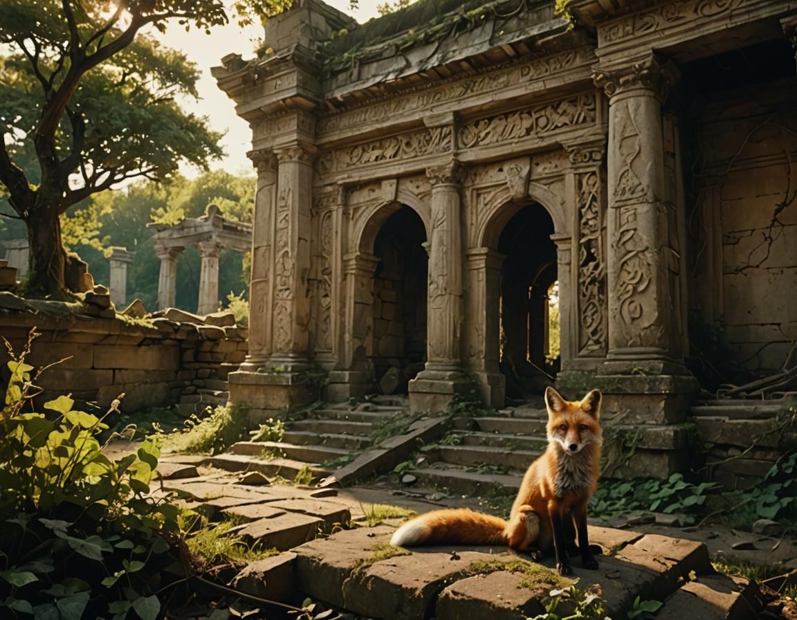 Fox in Ruined Temple Landscape, Wyeth Style