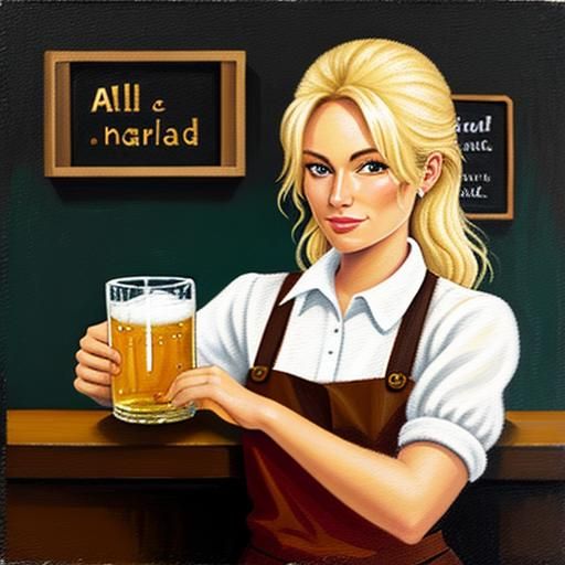 Cute Barmaid Serving Ale in Oil Painting Style