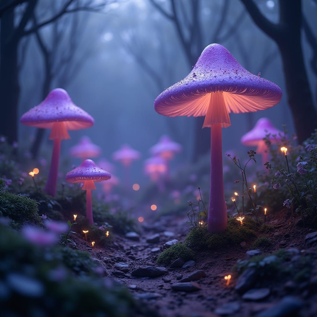 Dreamlike Forest of Glowing Purple Mushrooms