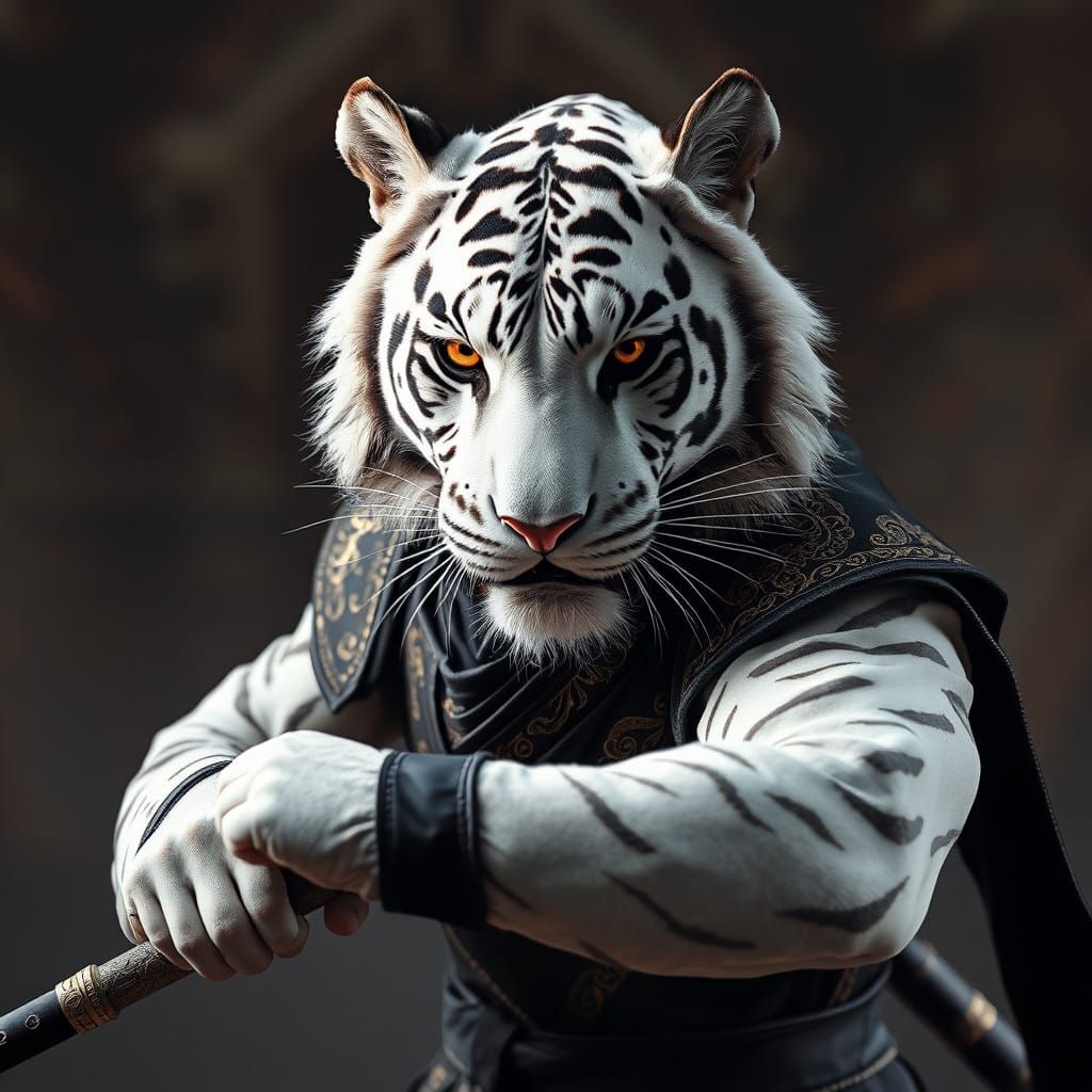 Majestic White Tiger in Iridescent Ninja Armor, Ready for Ba...