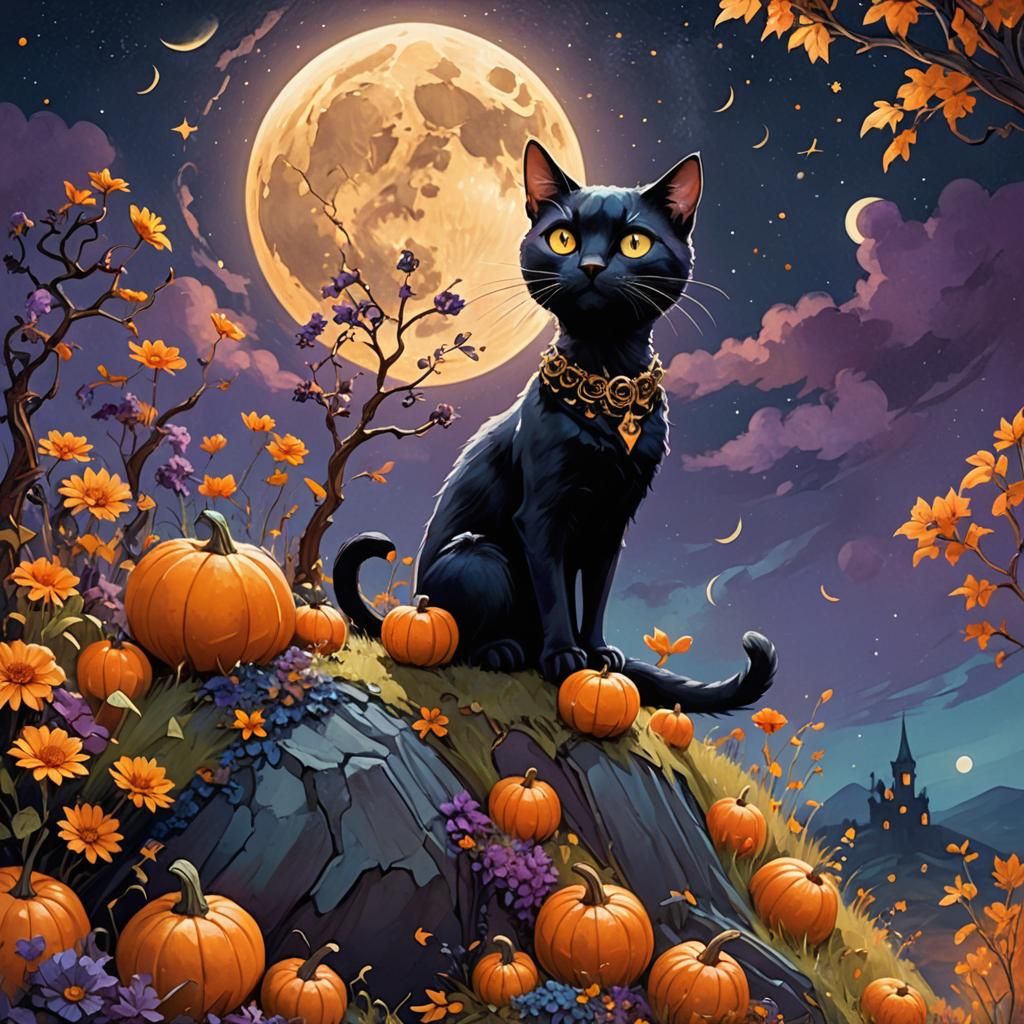 Black Cat in Jack Skeleton Outfit, Fantasy Digital Art
