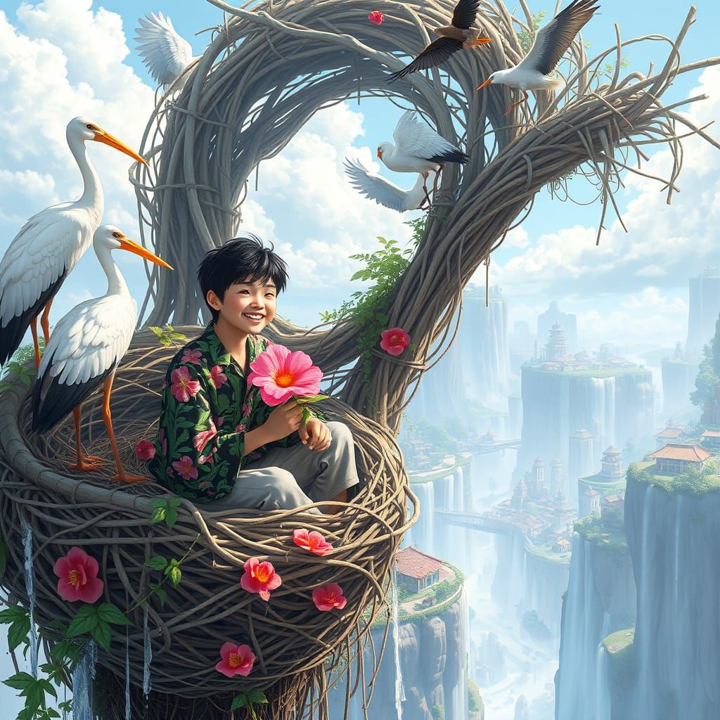 Floating Water City Dreamscape with Floral Accents