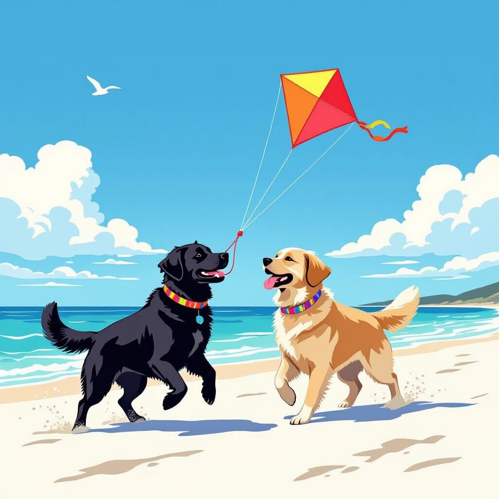 Dogs Flying Kite on Sunny Beach in Whimsical Style