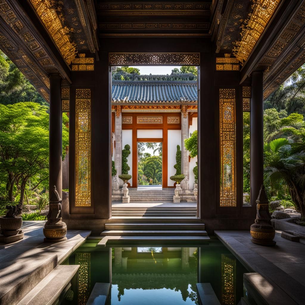 Glowing Temple Doors Open in Lush Jade Gardens