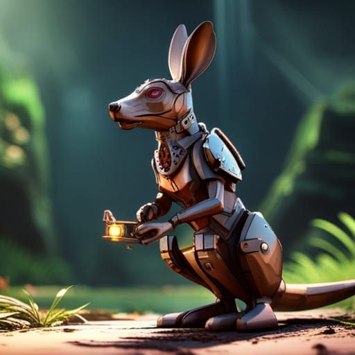 Steampunk Kangaroo Fishing with Intricate Mech Details