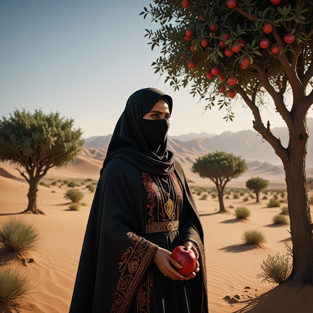 Afghan Woman in Desert with Pomegranate Tree