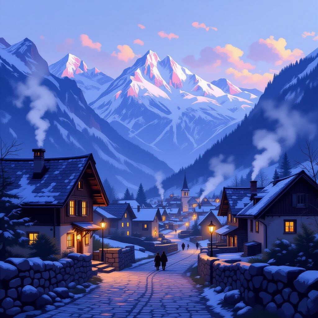Cozy Mountain Village at Dusk in Impressionist Style