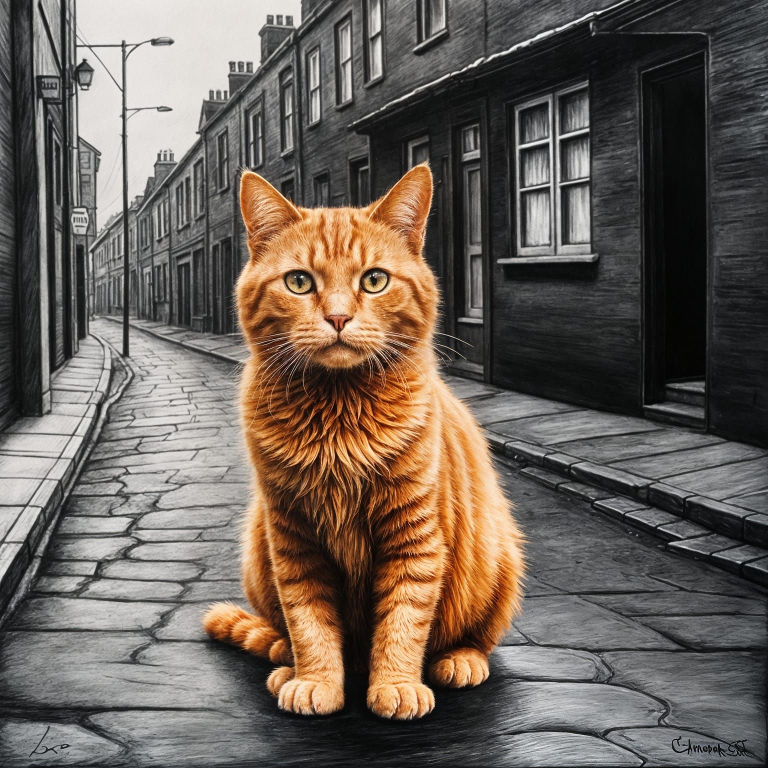 A ginger cat in an empty street