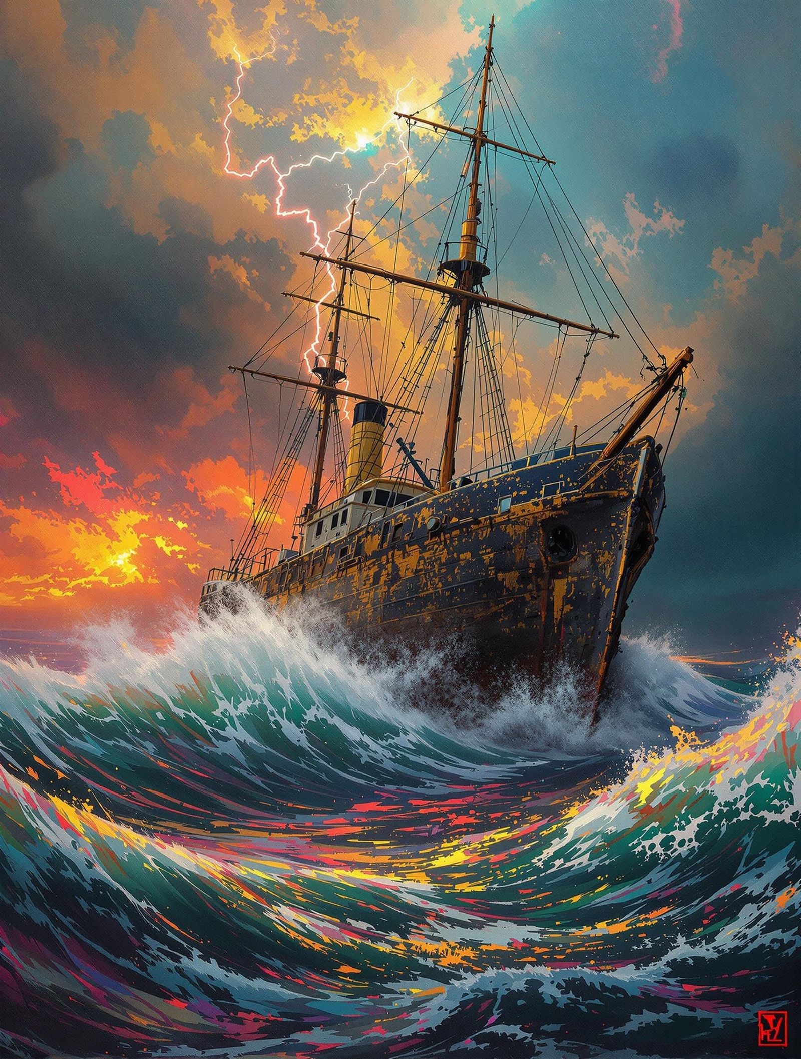 Derelict Trawler in Gold Impasto Under Storm