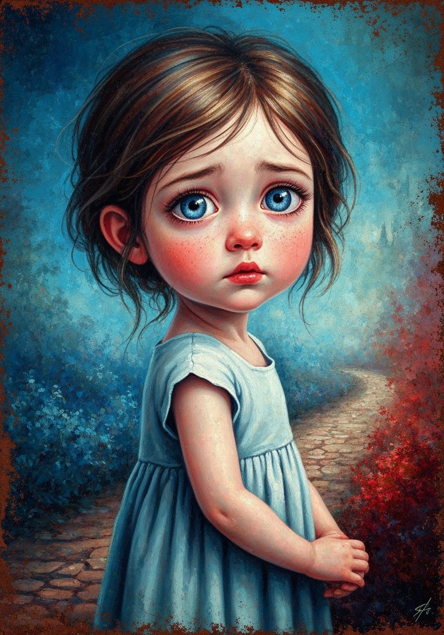 Sad Girl with Blue Eyes in Rustic Surreal Style