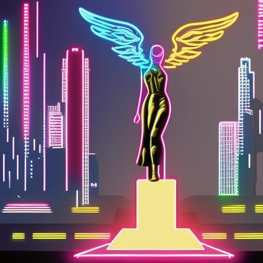 Winged Victory Statue in Cyberpunk 2099 Neon Style