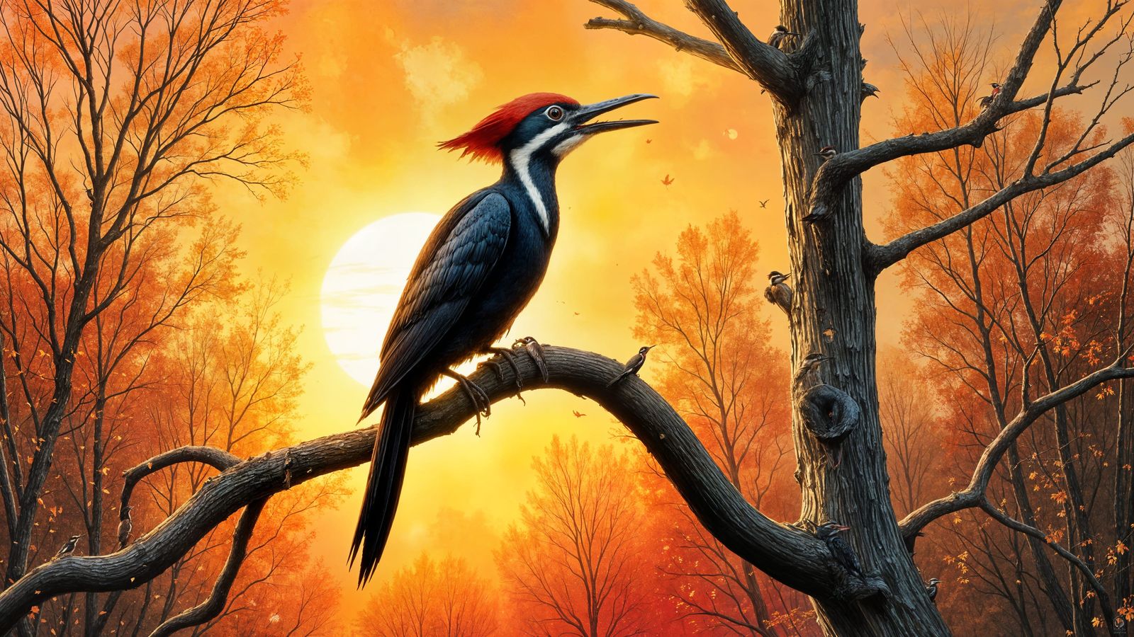 A male Pileated Woodpecker sits on a tree branch of a dead oak tree.