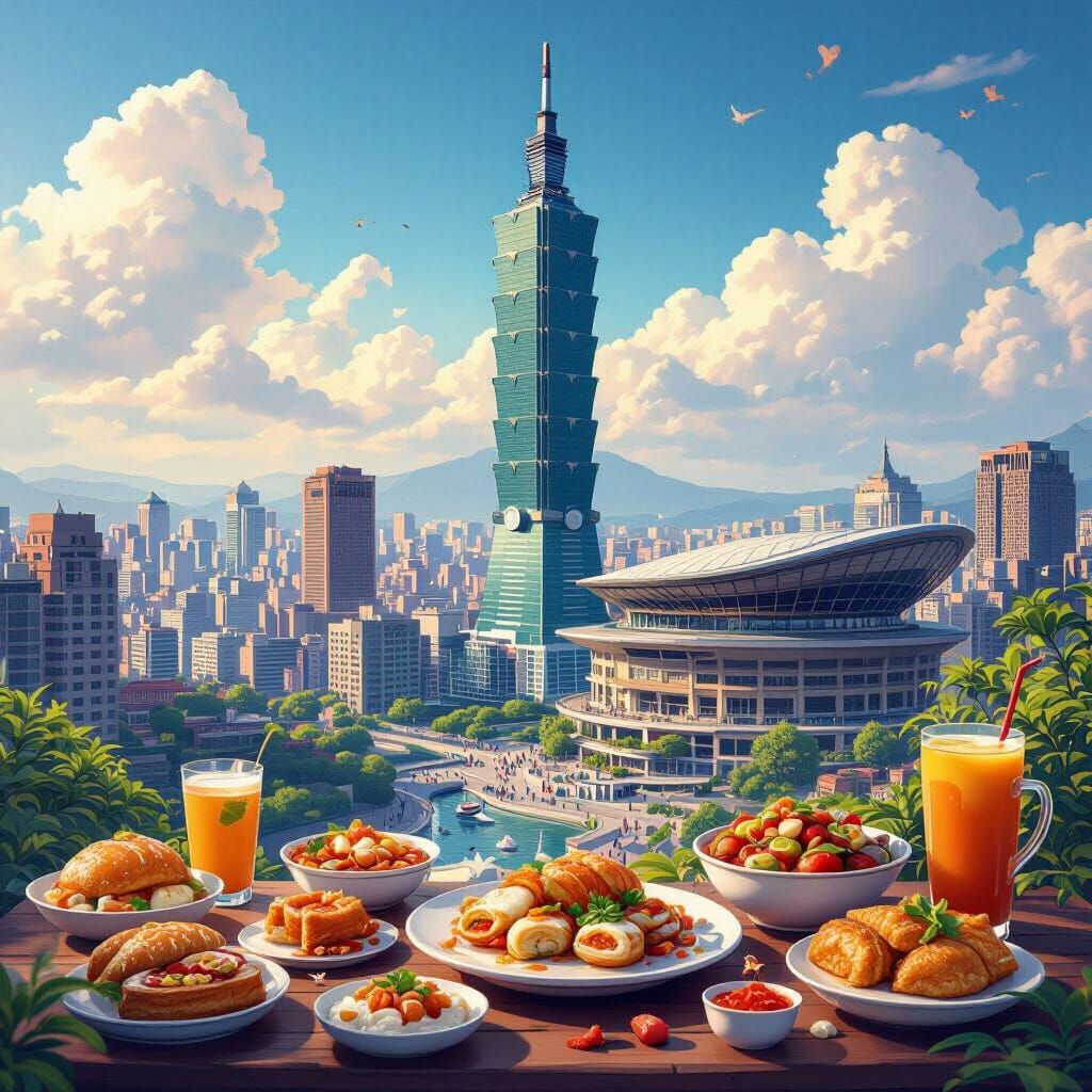 Cartoon Taipei Landmarks with Taiwanese Food and Drink