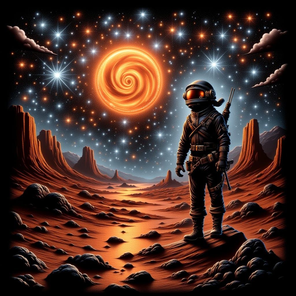 Steampunk Explorer Gazing at Nebula on Alien Planet