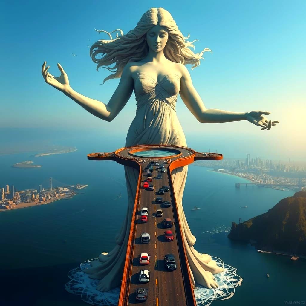 Surreal Female Form Bridge Connects Cities