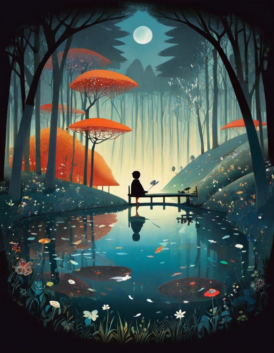 Naive Folk Art Landscape with Vibrant Colors