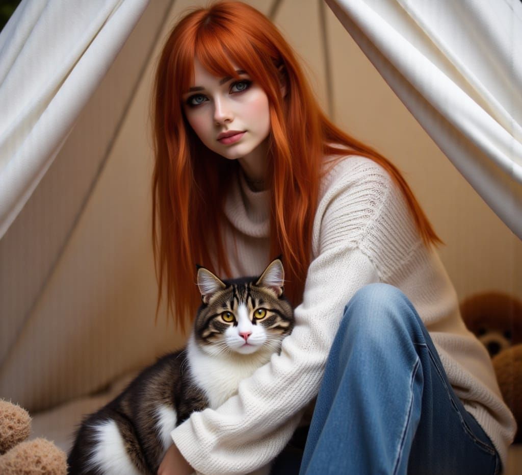 Woman Relaxing in Tent with Cat