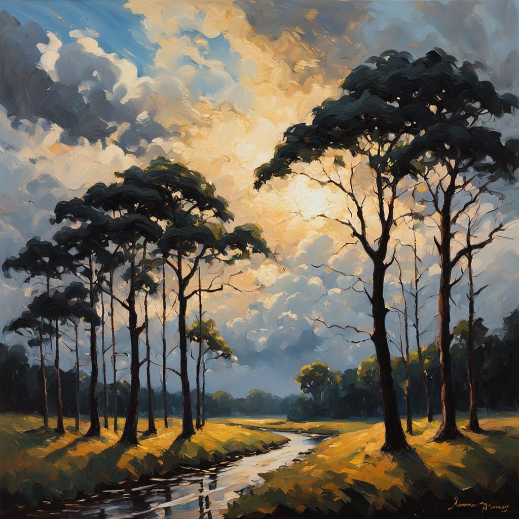 Dramatic Impressionist Oil Painting of Bending Trees