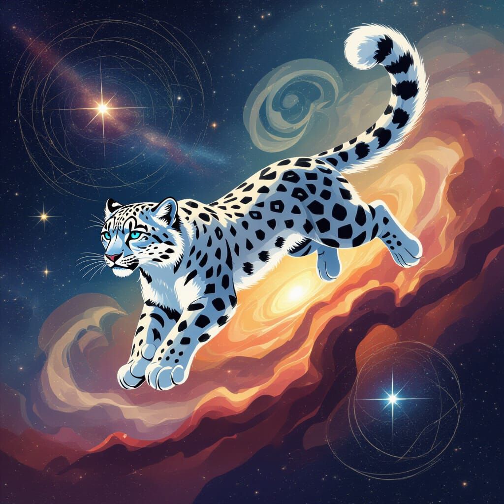 Snow Leopard Leaping Through Nebula in Art Nouveau Style