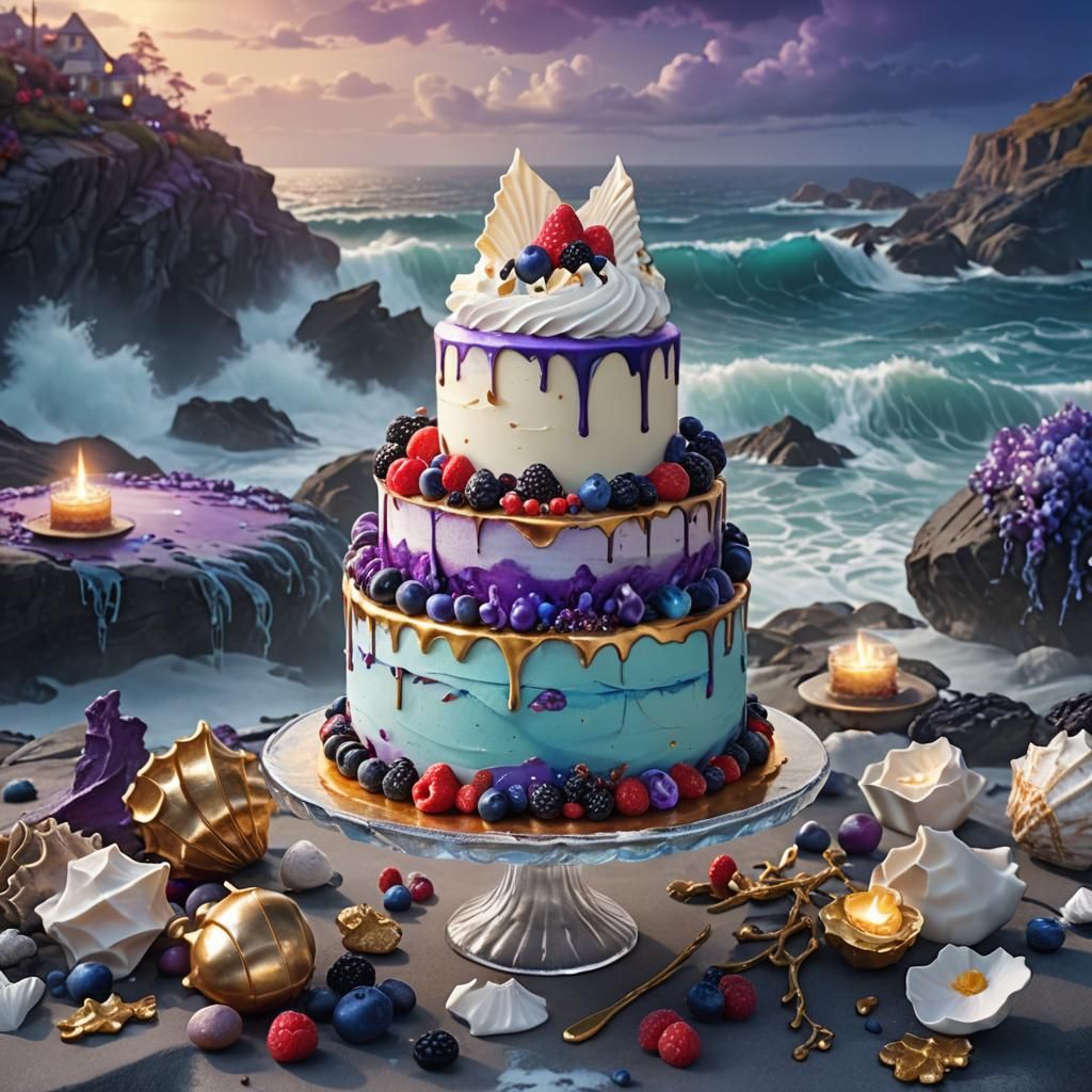 Decadent Berry Cake on Rocky Shore: Fantasy Art