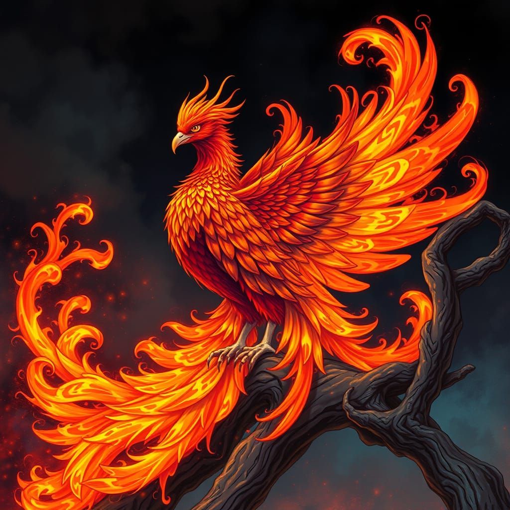 Majestic Phoenix in Vibrant Plumes and Fiery Embers