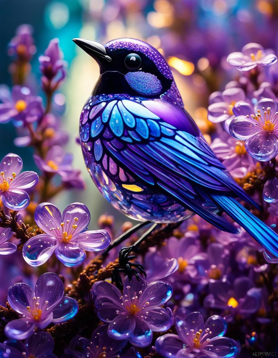 Bioluminescent Purple Magpie Figurine, Alphonse Mucha Style